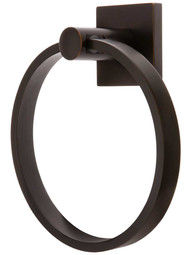 Modern Brass Towel Ring With Square Rosette in Oil Rubbed Bronze.